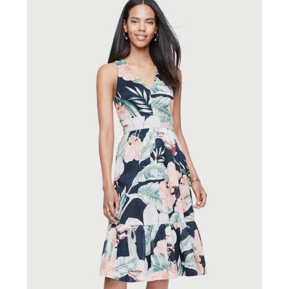 Ann Taylor Island Floral Cross Back Dress‎ Ramie Cotton V-neck Blue Pink 2